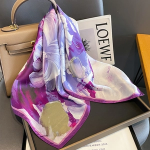 Mulberry Satin Square Scarf Elegant Purple Abstract Floral Print Versatile Fashion Neck Wrap Handkerchief For Women