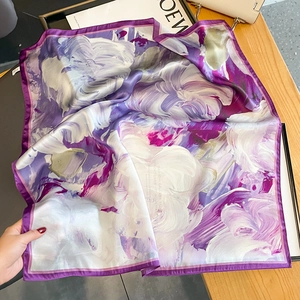 Artistic purple floral silk scarf with abstract oil painting print on wooden background