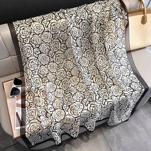 Elegant large silk scarf with black and white rose patterns for sun protection
