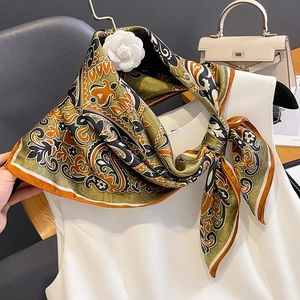 Elegant mulberry silk square scarf with vintage paisley pattern in yellow and green