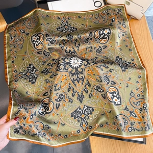 Fashionable olive green mulberry silk scarf with bohemian paisley pattern for women