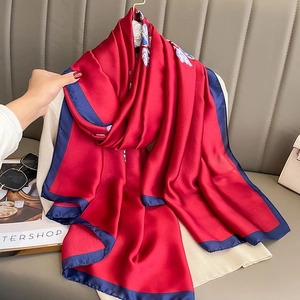 Elegant Floral Print Imitation Satin Scarf Women Lightweight Satin Shawl Sun Protection Sunshade Retro Fashionable Wrap