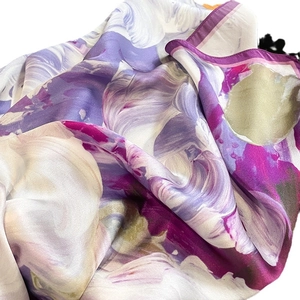 Floral silk square scarf with lavender and magenta patterns on a clean white background