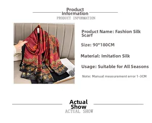 Detail of vintage floral silk scarf with red and gold patterns, size 90x180cm for women