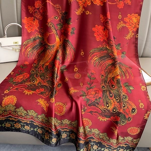 Vintage Chinese silk scarf with red phoenix and peony floral prints for women