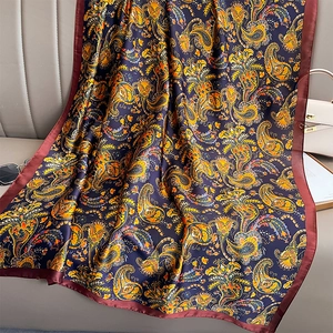 Vintage paisley print silk scarf in navy blue and burgundy for elegant beach sun protection
