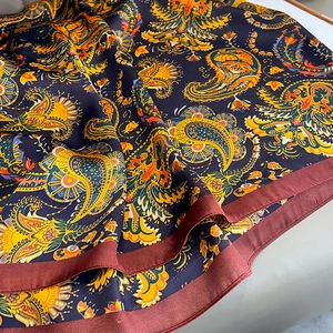 Vintage paisley silk shawl in deep blue and gold with elegant red borders for women