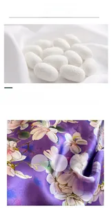 Detail of premium mulberry silk texture with floral print and natural cocoons