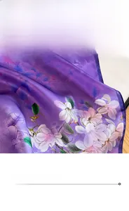 Detail of silk scarf with magnolia prints and premium rolled edge stitching craftsmanship