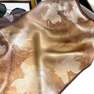 Elegant floral silk square scarf in champagne and brown with smooth metallic sheen