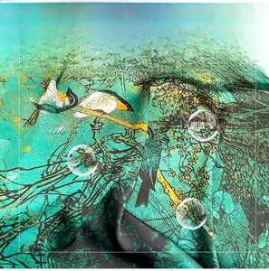 Detailed view of silk-like lake green fabric with exquisite floral and bird patterns