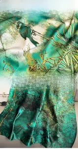 Detail of silk-like scarf featuring vintage green floral bird prints and refined edges