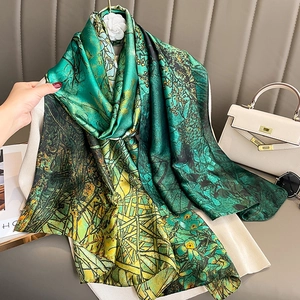 Fashion Floral Bird Print Imitation Satin Scarf For Women Large Versatile Beach Sun Protection Shawl Elegant Wrap Accessory