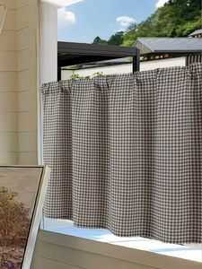 Detailed view of grey and white checkered cotton linen short cafe curtain with rod pocket