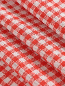 Macro shot of red and white gingham fabric showing detailed cotton texture and weave