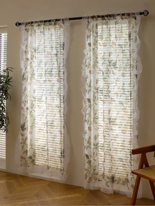 Detail of vintage floral curtains with crochet texture and elegant ruffled edges