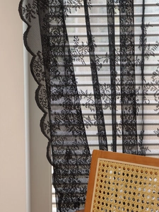 Detail of vintage black floral lace curtain with scalloped edges in natural sunlight