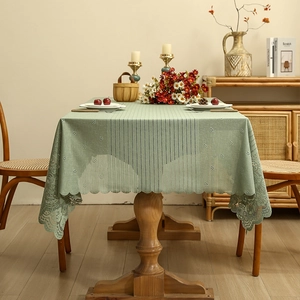 Light green hollow lace tablecloth with floral embroidery and scalloped edges