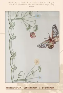 Close-up of white sheer curtain featuring delicate butterfly and daisy floral embroidery