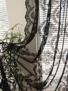Detailed view of black floral lace curtain with rose patterns and scalloped edges