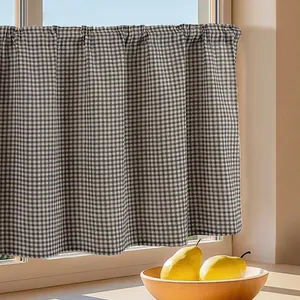 Fresh grey and white checkered linen cafe curtain with rod pocket for kitchen windows
