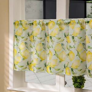 Short cafe curtain with fresh lemon print and rod pocket header for kitchen windows