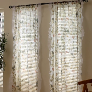 Floral Print Sheer Curtains Ruffle Edge Semi Transparent Rod Pocket Polyester Voile For Living Room Vintage Style
