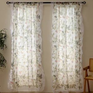 Floral sheer curtains with elegant ruffles and rod pocket design for living room