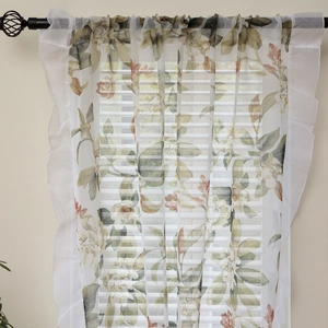 Rustic American sheer curtain with floral prints and elegant ruffled edges for balconies