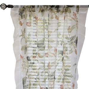 Rustic American floral sheer curtain with green leaves and white flowers in rod pocket style