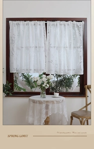 Detailed close-up of white semi-transparent lace curtain with vintage floral embroidery pattern