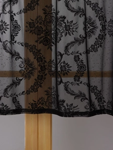 Detail showing vintage black lace fabric with retro floral patterns and mesh texture