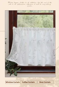 Detail of white semi-sheer cafe curtain with grey lavender patterns on wood window