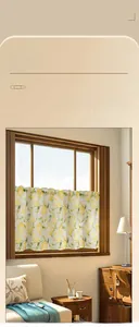 Detailed close-up of Nordic vintage cafe curtain featuring yellow lemon and leaf patterns