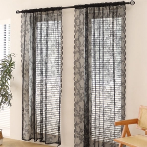 Black Lace Curtains Sheer Floral Pattern Scalloped Edges Rod Pocket French Vintage Style For Living Room Bedroom