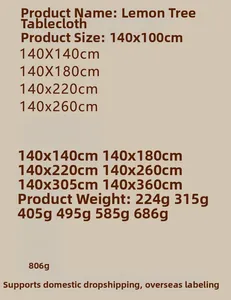 Size chart and weight details for lemon pattern tablecloth in multiple dimensions