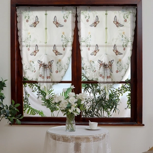 French butterfly embroidered roman curtain with green ribbons for cozy home decor