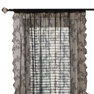 French vintage black floral lace curtain with hollow design and scalloped edges for bedroom