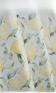 Detailed macro shot of lemon floral print on textured cotton linen curtain fabric