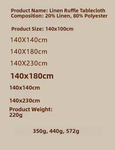 Linen ruffle tablecloth size chart and material details of 20% linen and 80% polyester