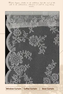 Close-up of white lace curtain featuring intricate floral rose patterns and wavy edges