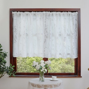 White lace cafe curtain with lavender floral embroidery for windows and balconies