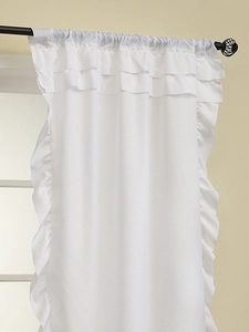 Detail of white semi-sheer curtain showing elegant double-layered ruffled top design