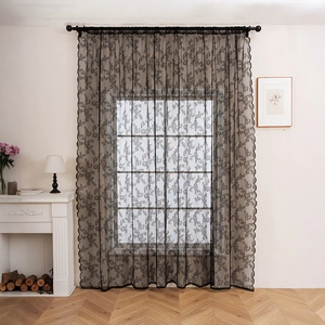 Black Lace Curtains Floral Embroidered Scalloped Edge Semi Sheer French Vintage Style For Bedroom Living Room