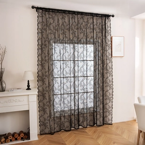 French vintage black floral lace sheer curtain with elegant scalloped wavy edges