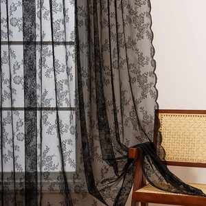 French vintage black lace sheer curtain with floral embroidery and scalloped edges