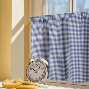 Polycotton Fabric Coffee Curtain Short Tier Curtain Gingham Checkered Lemon Floral Lavender Embroidery Pom-Pom Partition Curtain For Kitchen Bedroom Living Room