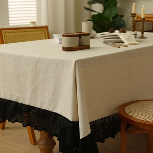 Retro American beige tablecloth with elegant black lace trim and thick cotton-linen texture