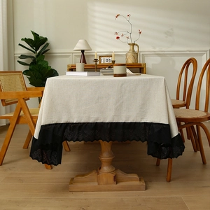 Retro American beige linen tablecloth with black lace edges for rectangular dining tables