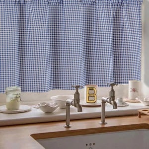 Blue checkered gingham kitchen half-curtain in fresh fabric for window decor